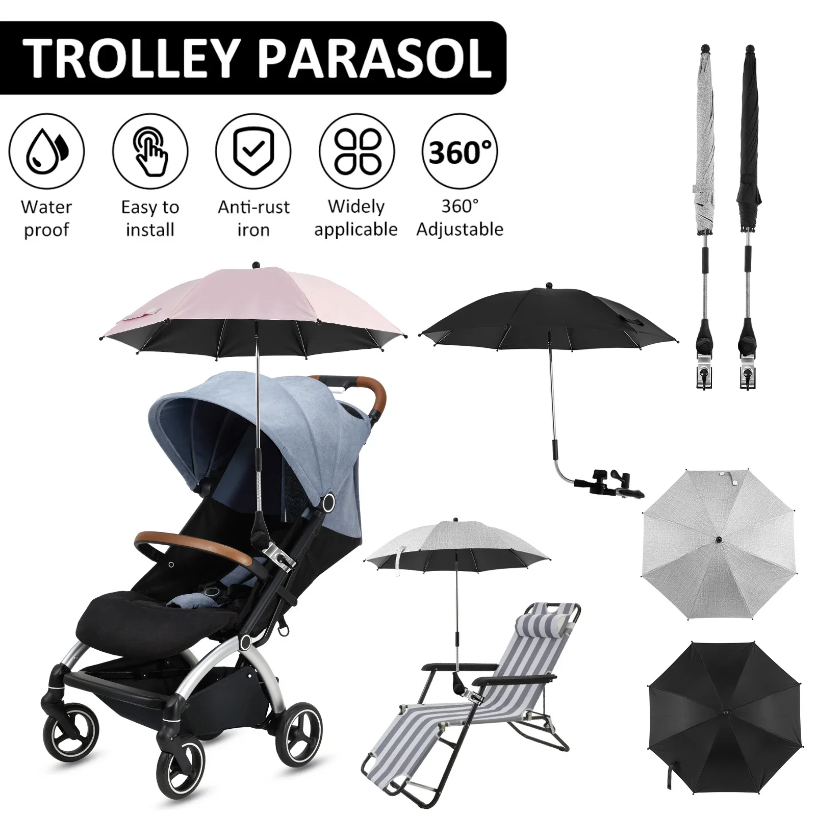 Universeller Sonnenschirm für Kinderwagen UV-Schutz Kinderwagen-Regenschirm 360° ° Verstellbarer Regen- und Windschutz Sonnenschirm