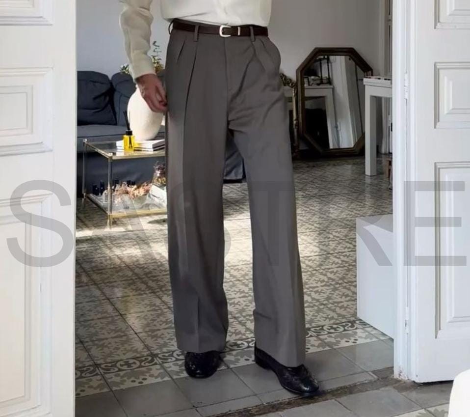 Vintage 70s Style Herren Schlaghose - Hoch taillierte Faltenhose - Retro Hose mit weitem Bein Hellgraue Freizeithose - Maßgeschneiderte 70er Jahre Dis