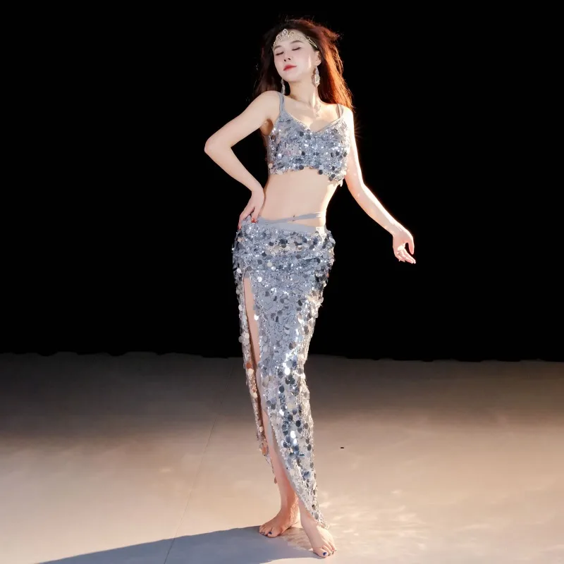 Tenue Sexy à paillettes pour femmes adultes, Costumes de danse du ventre sur scène, ensemble haut et jupe, ensemble 2 pièces, Costume d'entraînement de Performance