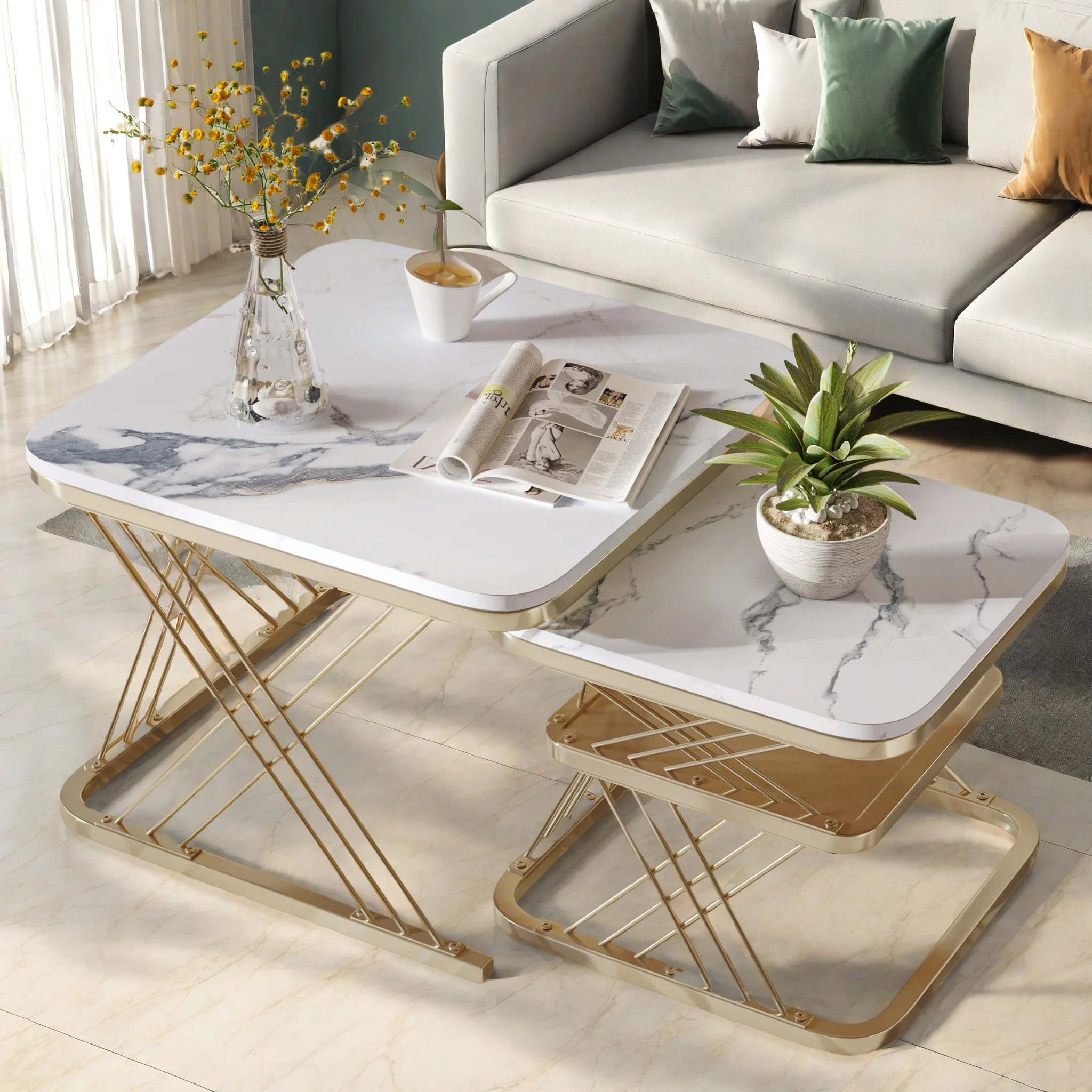 Rosahqnda Quadratische Couchtische, 2er-Set, ineinanderstellbarer Couchtisch, Wohnzimmer-Beistelltische, Sofatisch, Metallgestell, weiße Tischplatte