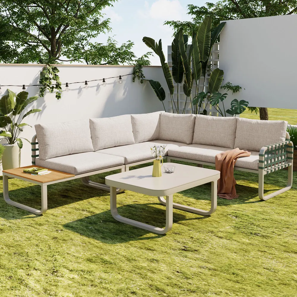 Modernes Outdoor-Sofa-Set, Grünes Leder-Rattan Gartenmöbel-Set, Sitz- und Rückenkissen, für Balkon, Garten und Terrasse