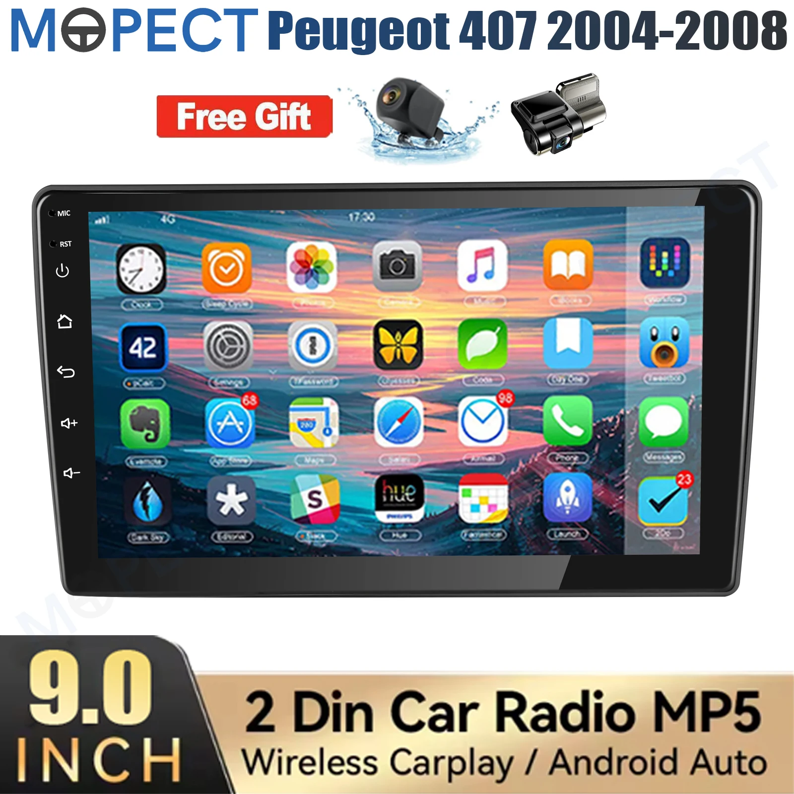MOPECT 9-Zoll-Autoradio Android 15 CarPlay 4+64G für Peugeot 407 2004-2008 WiFi GPS-Navigation Head Unit AM/FM Touchscreen BT SWC+DVR&AHD Image
