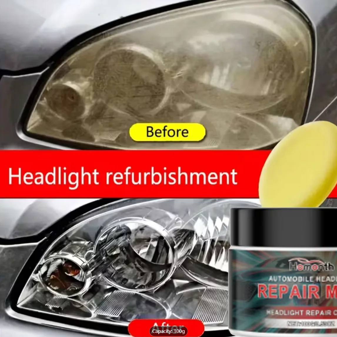 Homonth Auto-Scheinwerfer-Reparaturmaske, 100g - Scheinwerfer-Aufbereitungscrème zur Entfernung von Vergilbung & Wiederherstellung der Klarheit, mit Schwammapplikator Image
