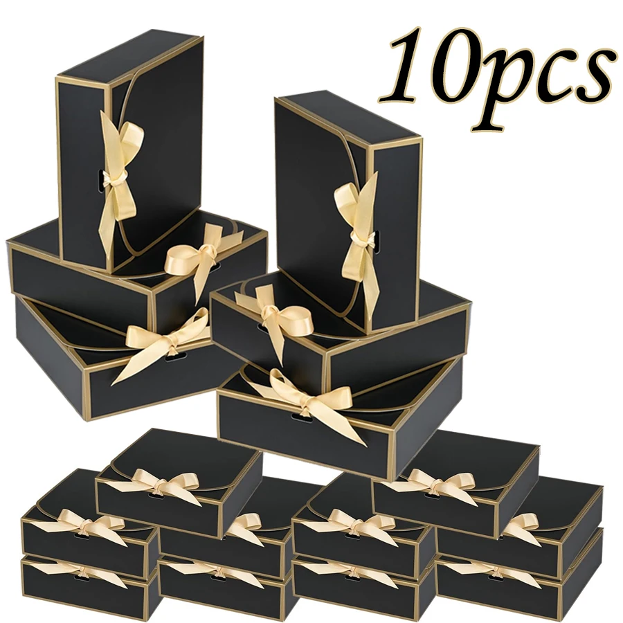 10 Stück, elegante schwarze Geschenkboxen mit Deckel, eleganter Goldbesatz, goldenes Band, 6,5''x6,5''x2'', geeignet für alle Arten von Feiertagen