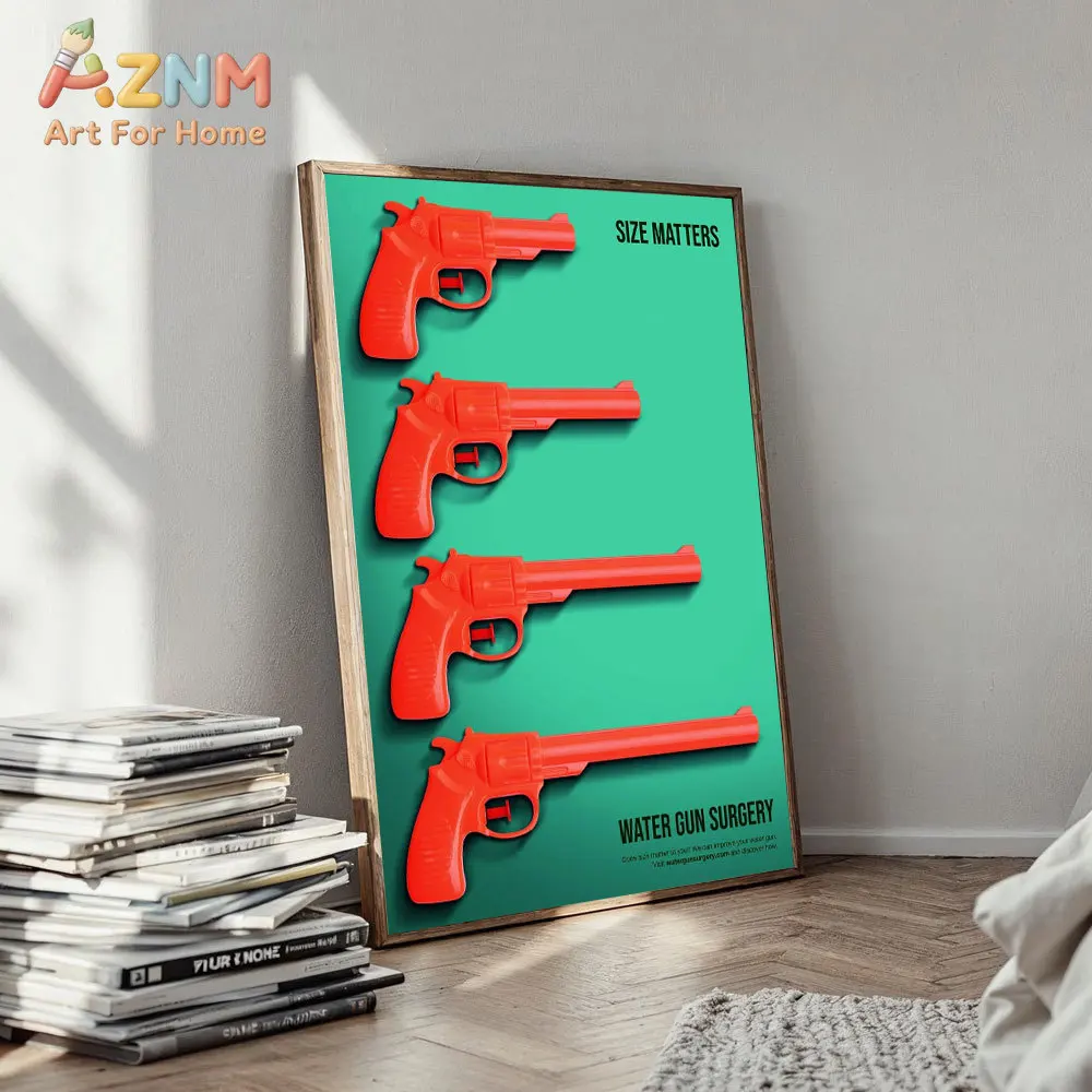 AZNM „Size Matters Water Gun Surgery“ Leinwanddruck, rahmenloses Einzelbild, humorvolles rotes Wasserpistolen-Poster, moderne Pop-Art, grün B