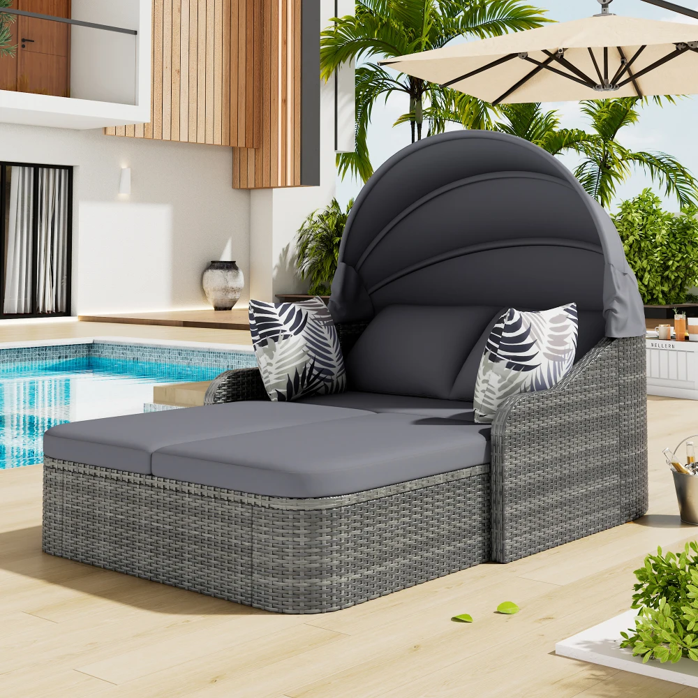Garten-Lounge-Set, PE-Rattan mit Verstellbarem Sonnendach, Wetterfeste Terrasse, Doppel-Lounge mit 4 Kissen und Abnehmbarem Kissen