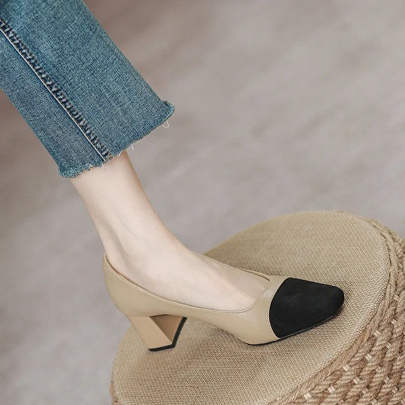 Elegante Damenschuhe mit Eckiger Spitze, 3cm Hohe Absätze, Niedliche Beige Flache Pumps, Barfuß-Optik, Farbblockierung, Birken-Stil