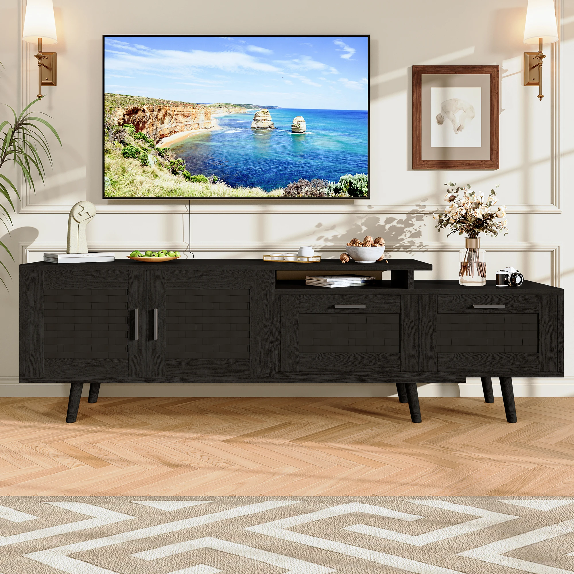 Rosahqnda TV-Schrank, TV-Ständer mit 2 Türen und 2 Schubladen, 146–180 cm lang, TV-Regal für Fernseher bis zu 75 Zoll für Wohnzimmer, Schlafzimmer