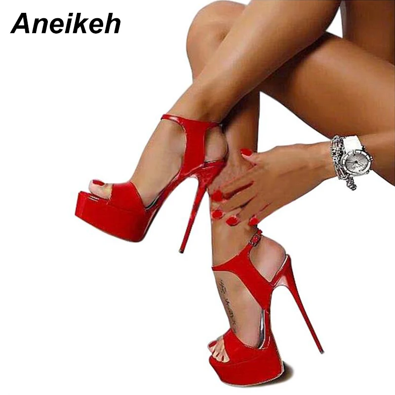 Aneikeh Heiße Verkäufe 2026 Sommer Stil Sexy 16 cm Frauen Sandalen High Heels Offene spitze Schnallen Nachtclub Party Schuh schwarz Große Größe 15