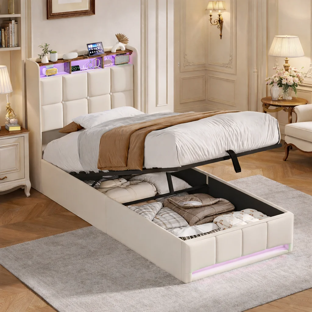 Bett 90x200 mit Stauraum und LED, Polsterbett Einzelbett Leinen Beige mit Lattenrost, hydraulisches Bett mit Bettkasten, Jugendbett Funktionsbett