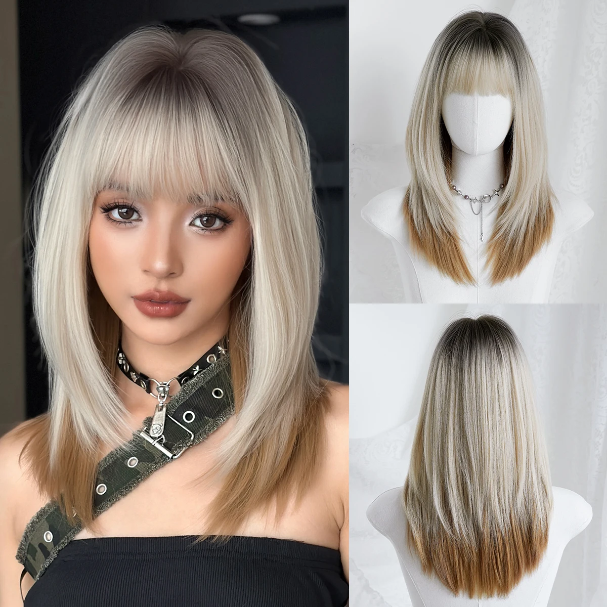 Schulterlange, gerade, beige-braune Ombre-Perücke für Damen, synthetische, geschichtete, modische Perücke zum sofortigen Tragen mit ordentlichem Pony Image