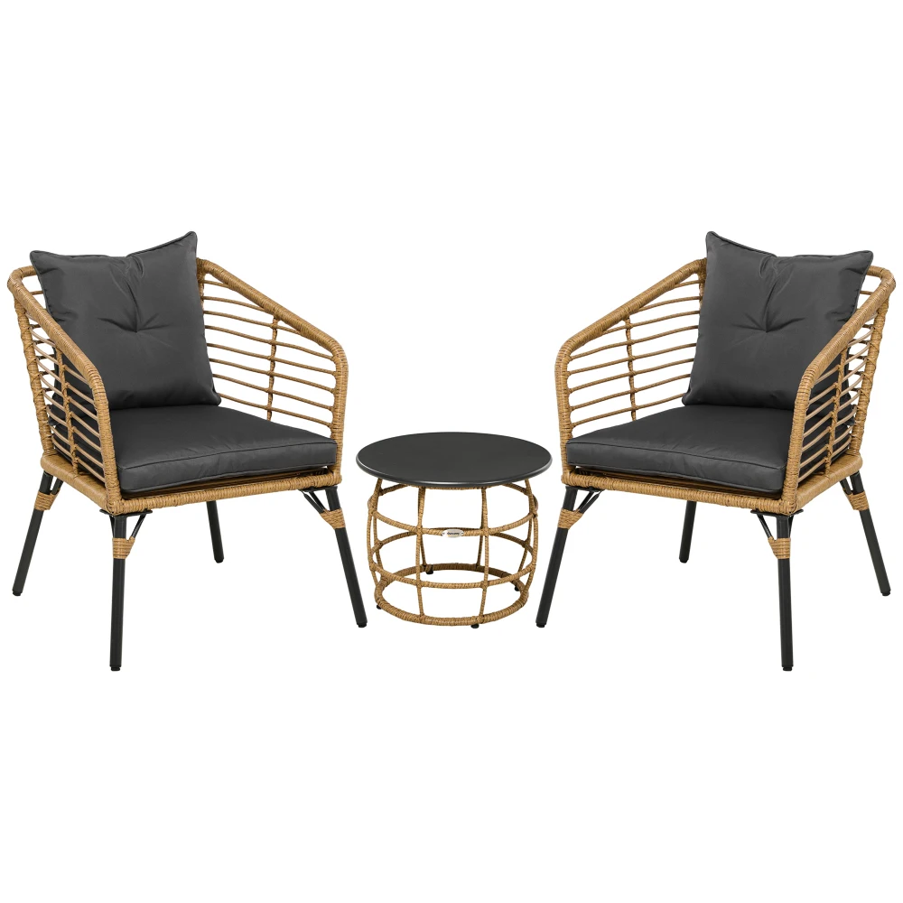 Rattan-Gartenmöbel-Set, 3-teilige Lounge-Garnitur, inklusive Couchtisch und 2 Stühlen, gepolstertes Bistro-Set, Balkonmöbel