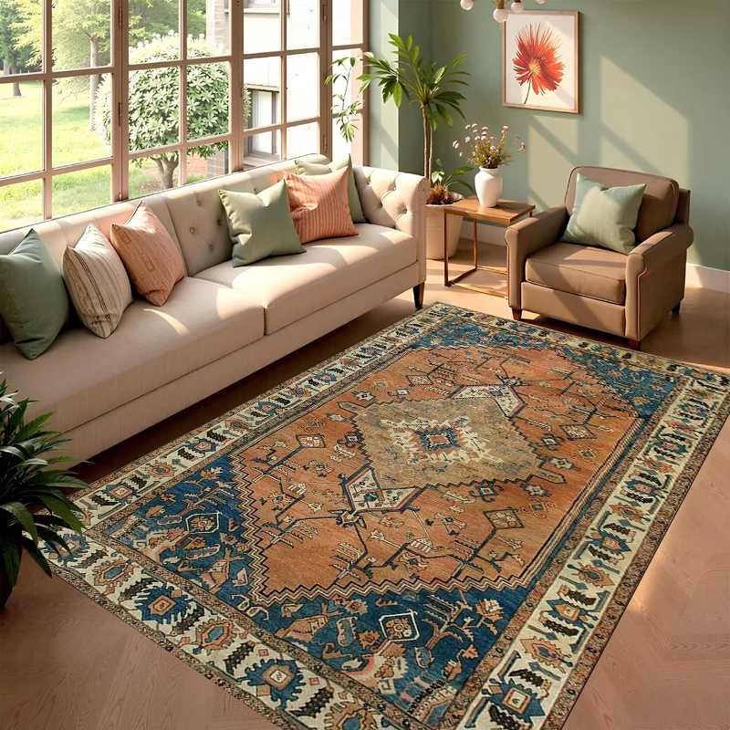 Vintage Persischer Orange-Blauer Geometrischer Diamant-Teppich, Rutschfest, Langlebig, Waschbar, für Wohnzimmer, Schlafzimmer, Heimdekoration Image