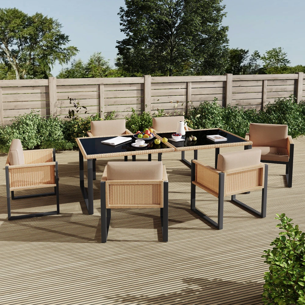 Polyrattan Esstisch- und Stuhl-Set, Gartenmöbel, für 6 Personen, mit Armlehnstühlen, Abnehmbaren und Waschbaren Stoffbezügen