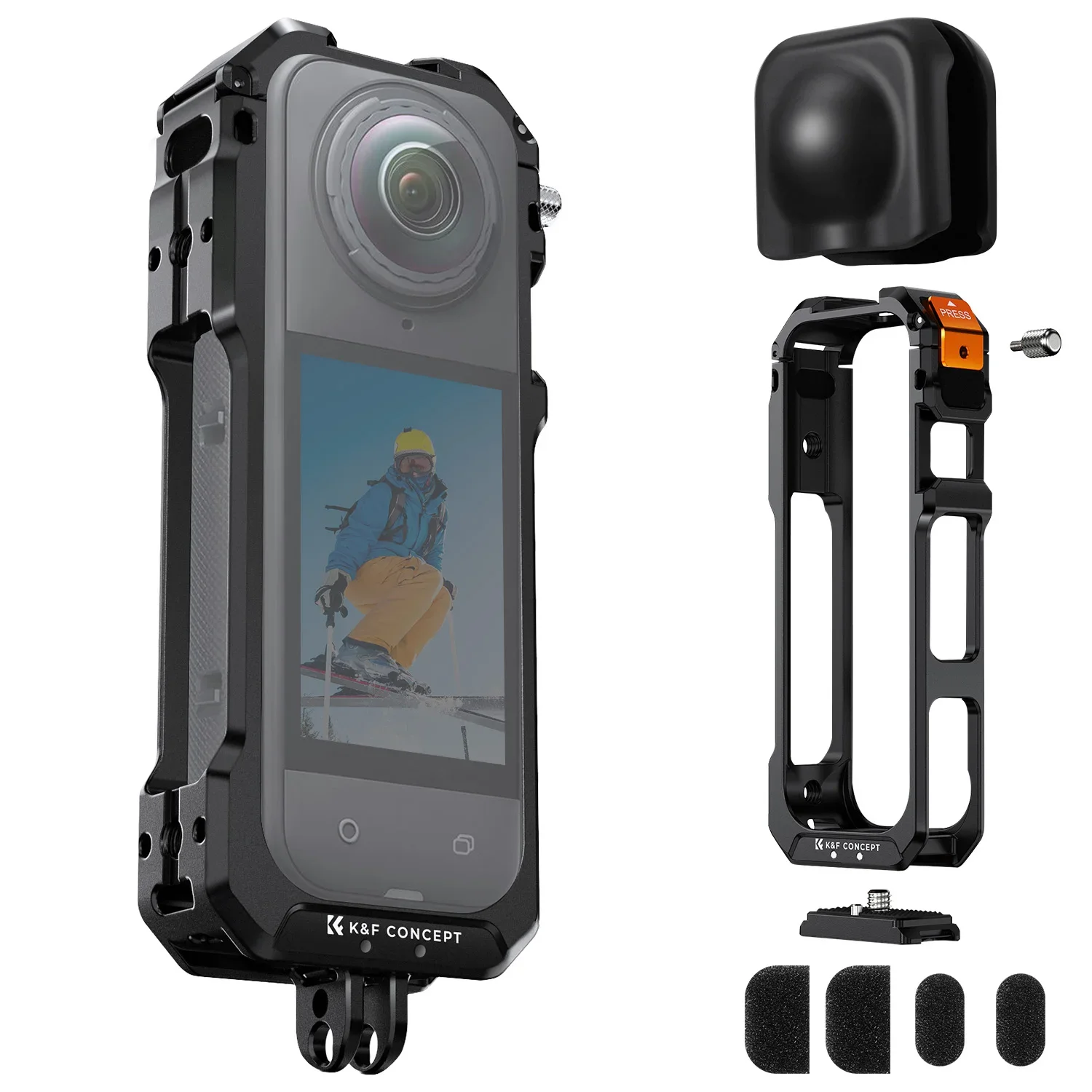 K&F CONCEPT Aluminium Kamerakäfig für Insta360 X5 Gehäuse mit Schnellwechselknauf Cold Shoes 1/4" Gewinde Silikon Objektivabdeck Image