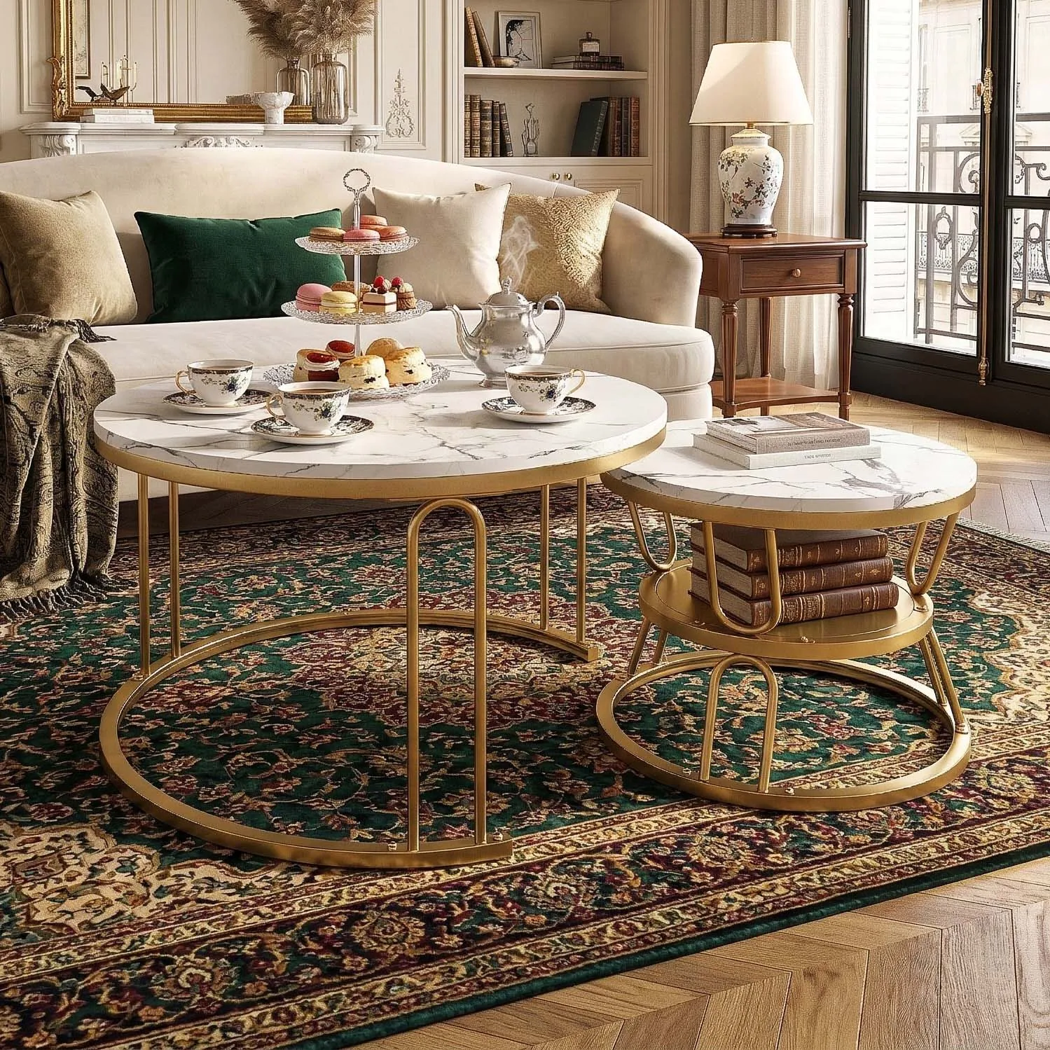 Set aus 2 Couchtischen im U-Design, weiße Marmorplatte, goldene Metallstruktur, moderne, schicke Wohnzimmertische