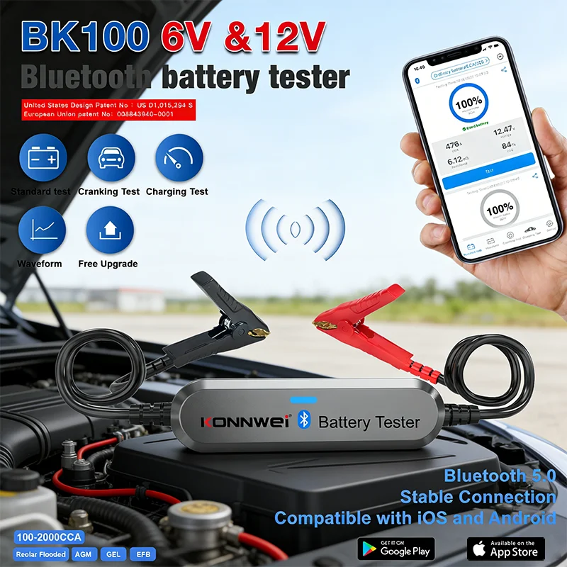2026 Neuer KONNWEI BK100 Auto- und Motorrad-Batterietester Bluetooth 5.0 6V 12V Batterie-Monitor 100 bis 2000 CCA Lade- und Startleistungstestgerät Image
