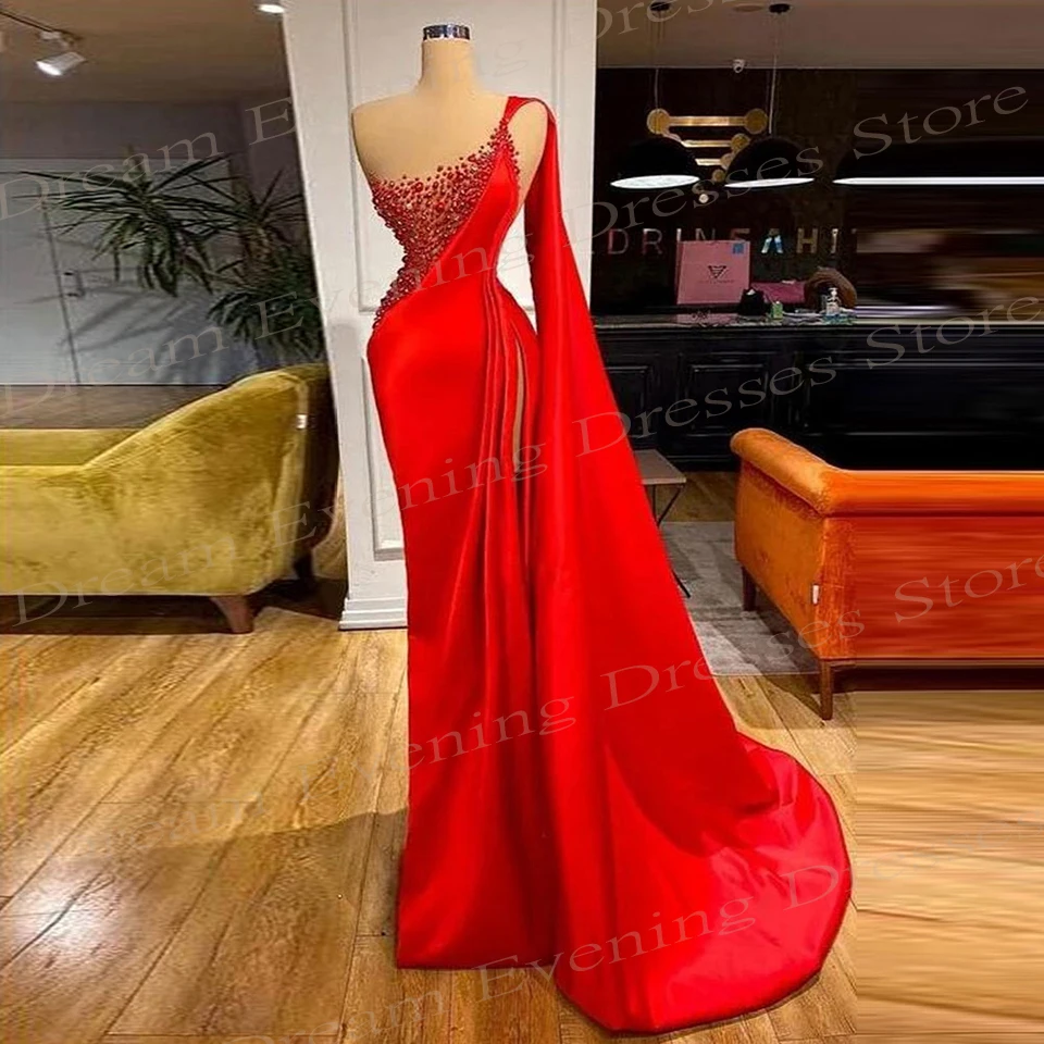 Wunderschöne rote Meerjungfrau-Abendkleider für Damen, sexy One-Shoulder-Perlen, maßgeschneiderte Ballkleider, formelle Anlässe, فسات Mata Nad Afrikaans