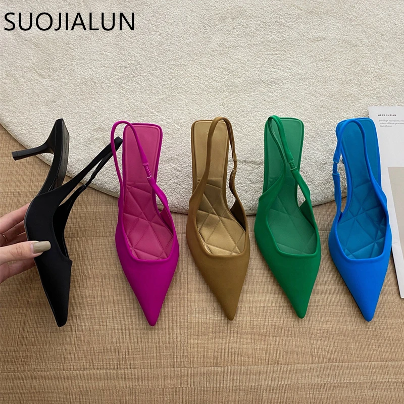 SUOJIALUN 2022 Sommer Neue Marke Spitz Slingback Schuhe Dünne Hohe Ferse Flach Slip Auf Damen Elegante Sandalen Plus Größe 41