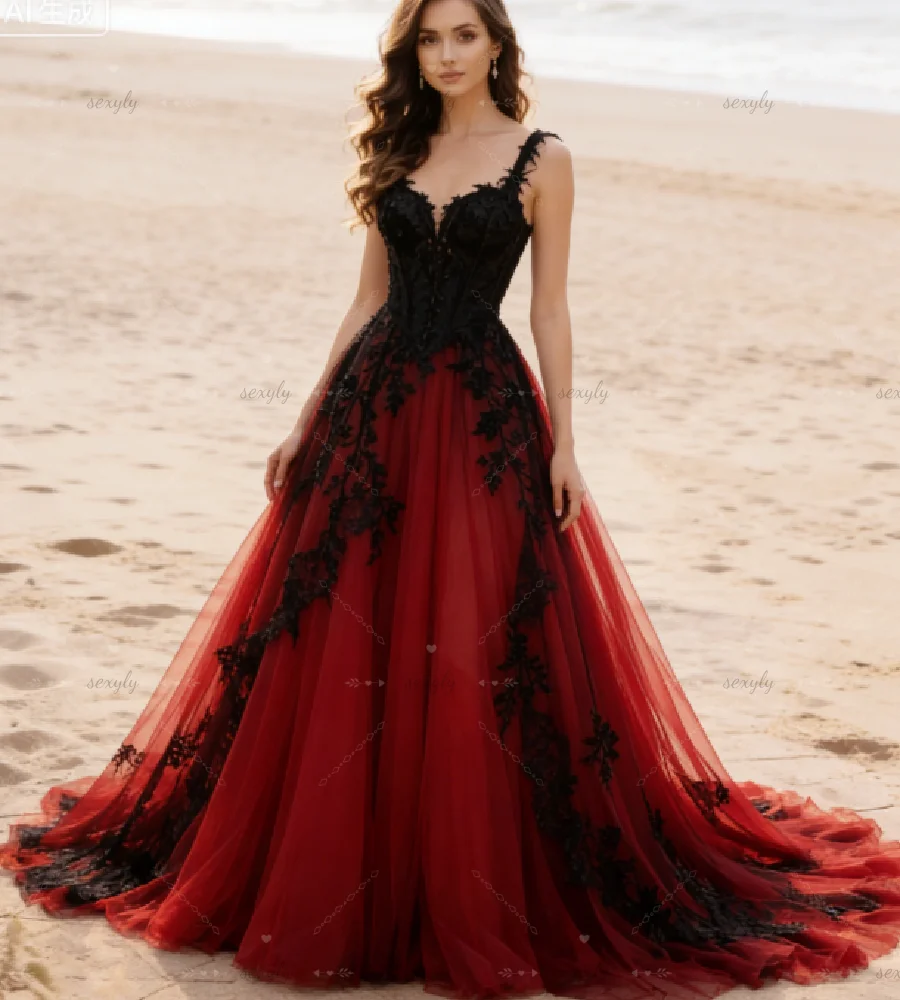 Retro Bohemian Schwarz-Rotes Gothic-Hochzeitskleid 2026 Halloween Vampir A-Linie Tüll Strand Spitze Brautkleid Rückenfreies Ziviles Boho-Kleid