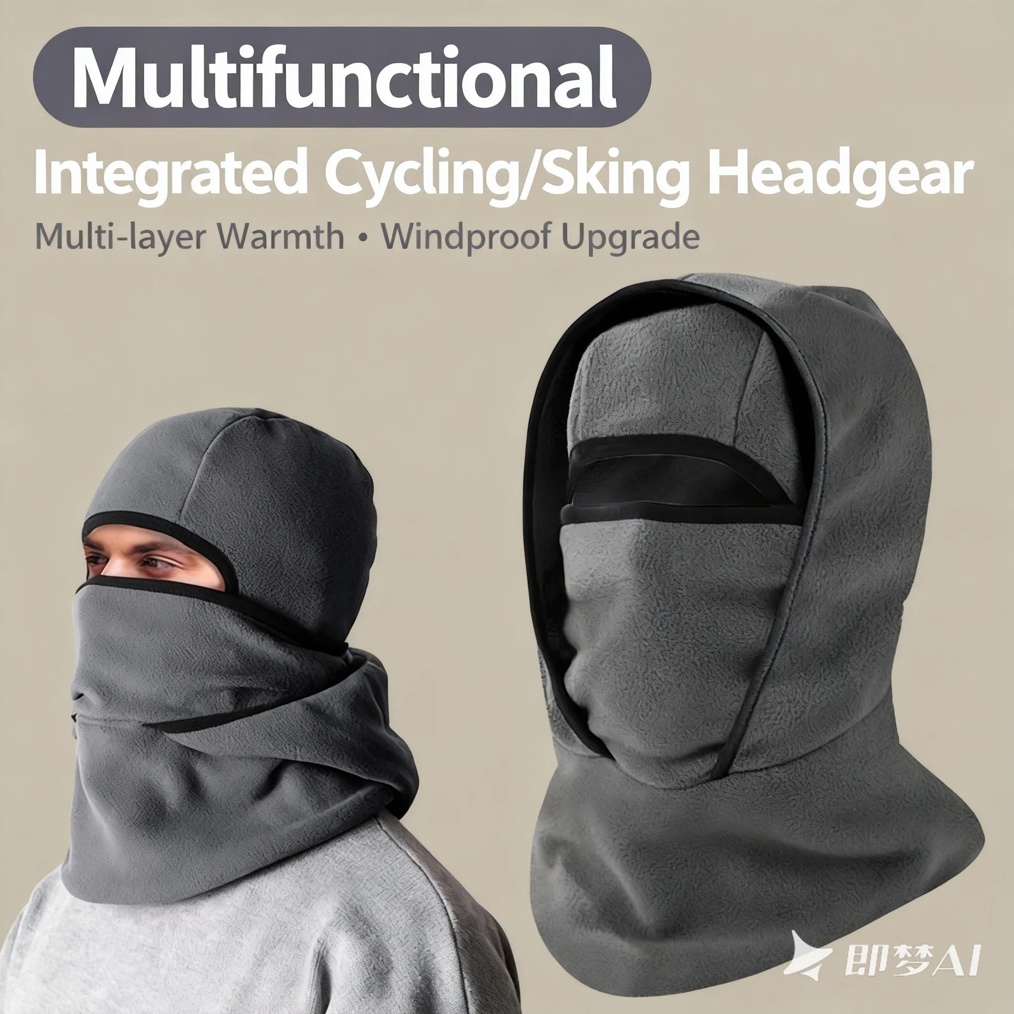 Outdoor-Wintermütze mit integriertem Nackenschutz, Fahrradmaske, Sport-Skihaube, multifunktionale Kapuze, Nackenschutz, winddichte und kältebeständige Haube Image