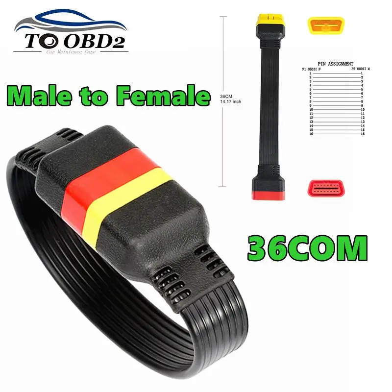 Neuestes OBD2-Stecker-auf-Buchse-Kabel, rot zu gelb, 36 cm (Flachkabel), 16-polig, Stecker-auf-Buchse-Verlängerung, universeller OBD-Auto-Diagnosekabeladapter Image