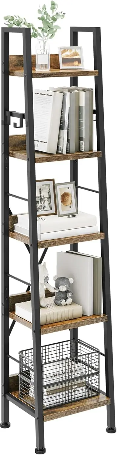 5-stufiges Bücherregal im Industriestil, freistehende Holzregale mit Metallrahmen, modernes Regal für Wohnzimmer, Flur Image