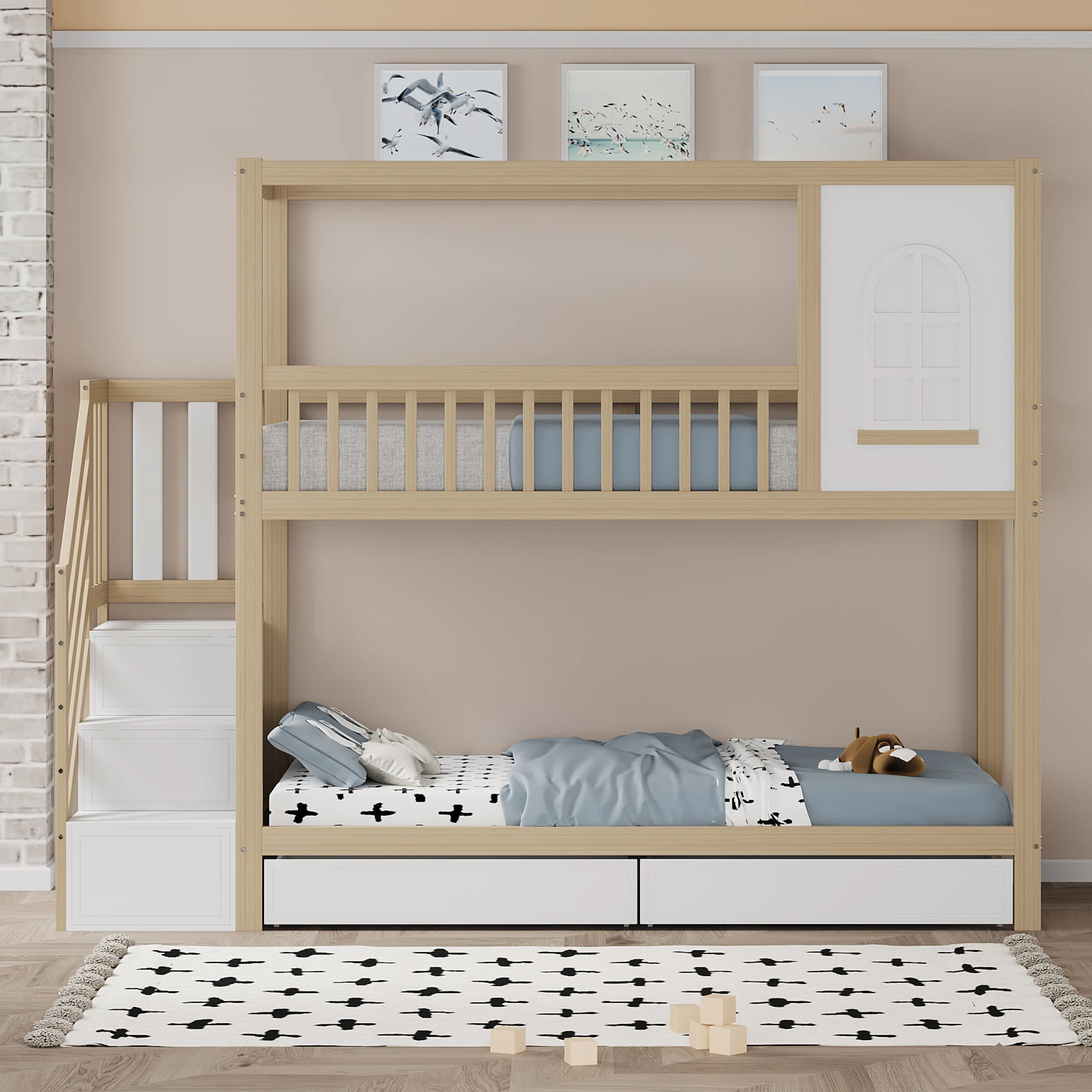 KOMHTOM Holzfarbenes Massivholz Kinder Etagenbett 90x200 cm Sicherheitszaun Design Aufbewahrungsschubladen Und Sicherheitsleiter Image