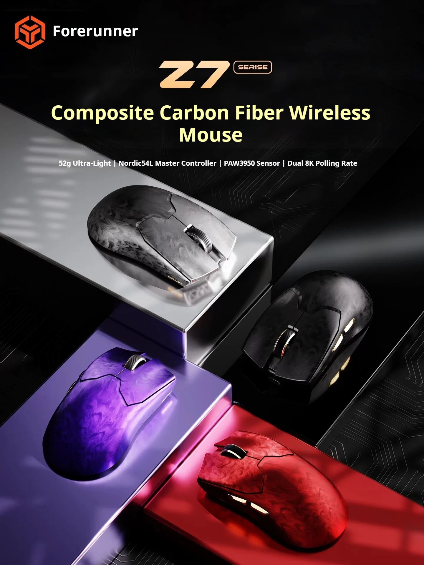 EWEADN Z7 Kabellose Gaming-Maus aus Kohlefaser, 52 g, ultraleicht, ergonomisch, für kleine bis mittelgroße Hände, E-Sport-PC-Gamer Image