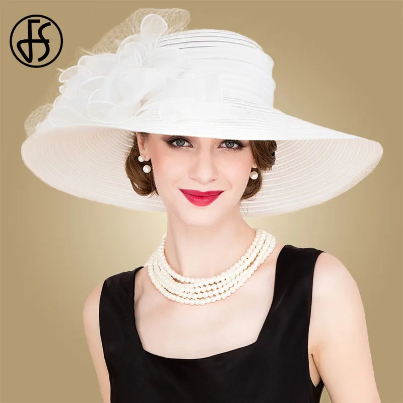 FS bianco elegante matrimonio sposa chiesa cappelli di paglia per le donne signore fiori cappello a tesa larga spiaggia sole Kentucky Derby cappello Fedora
