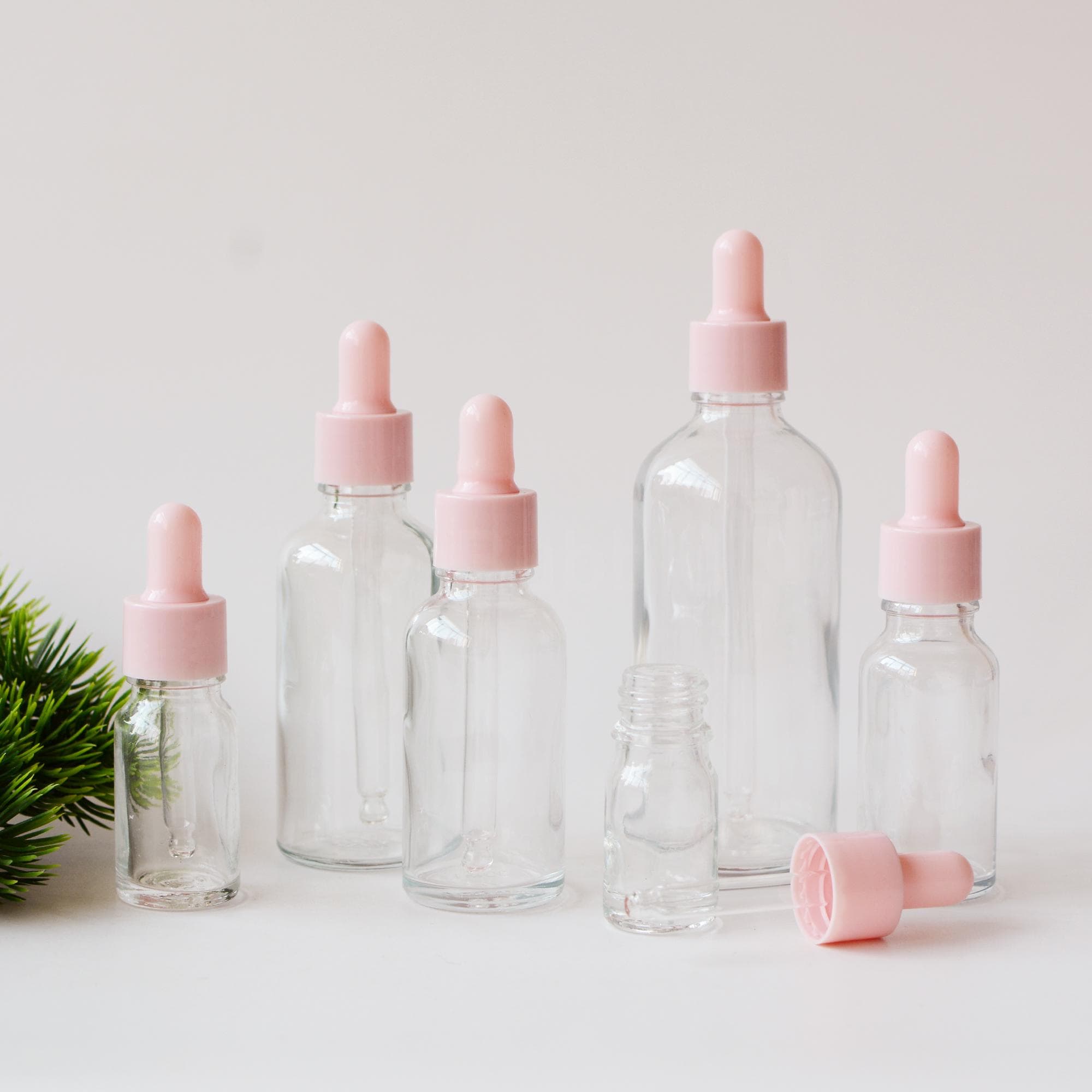 1-200px 5 ml 10 ml 15 ml 20 ml 30 ml 50 ml 100 ml Flacone contagocce per olio essenziale in vetro con coperchio rosa trasparente, Flacone pipetta per