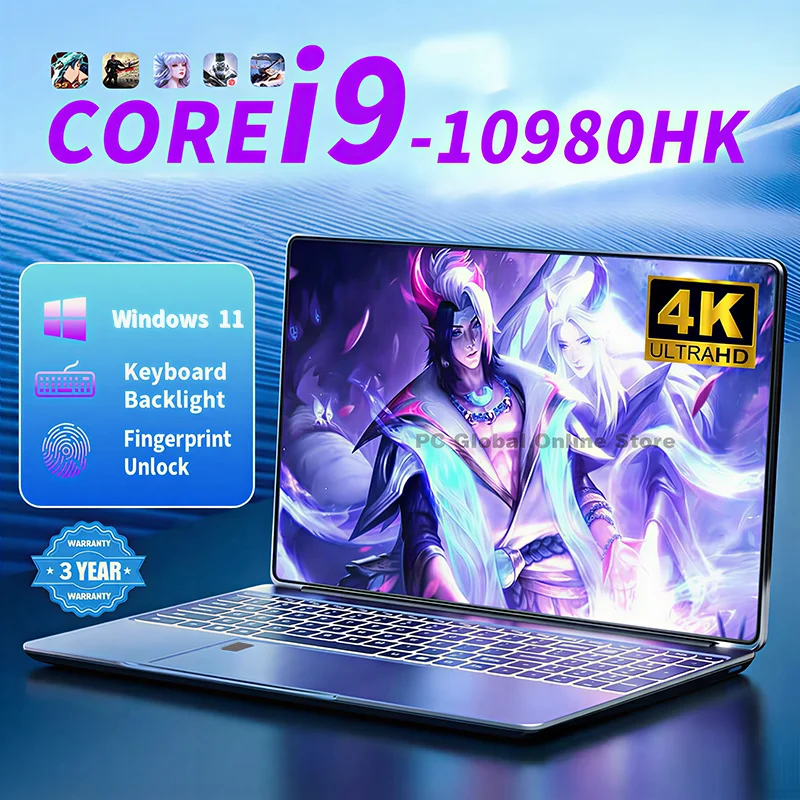 15.6" Laptop Computer Windows 11 Core i9-10980HK PC Gamer 16GB RAM Fingerprint Unlock Notebook Laptops Backlight Study Computer
