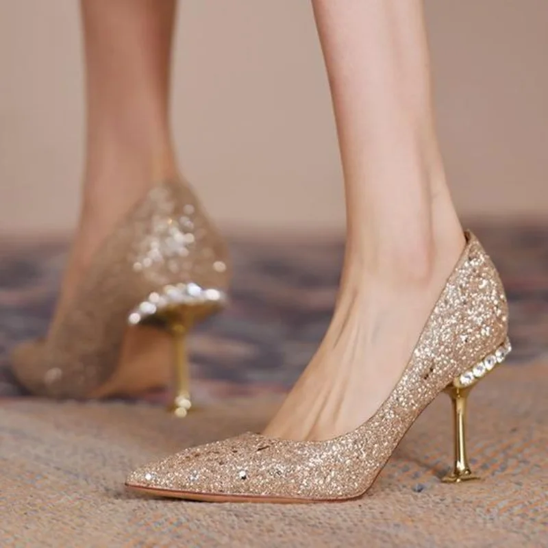 New Women Fashion Rhinestone Pumps Shallow Mouth Women Fashion Office Work Wedding Party Shoes Low Thin Heel Womens Dress Shoes