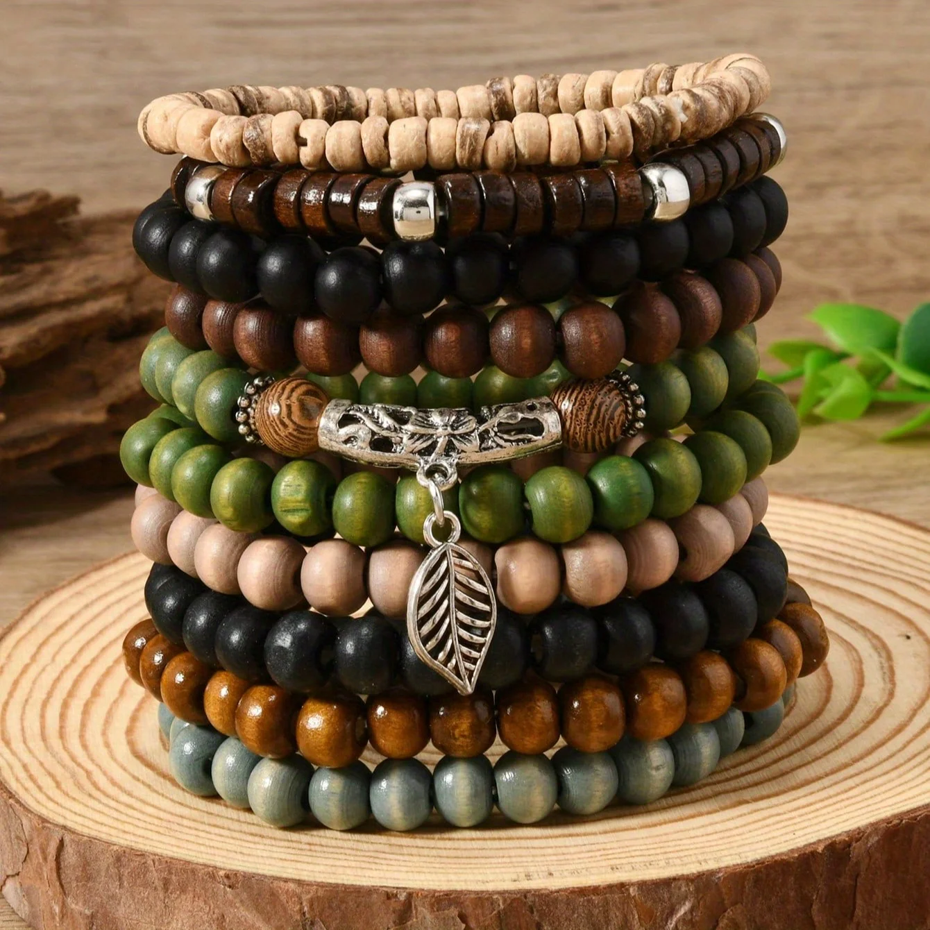 Braccialetti con perline di legno fatti a mano in stile bohémien da 10 pezzi, set regalo per braccialetti per coppie
