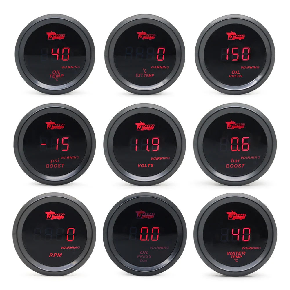 52 mm Boost-Messgerät/Wassertemperatur/Öltemperatur/Ölpresse/Spannung/Drehzahlmesser, digitale rote LED, schwarzes Gehäuse Image