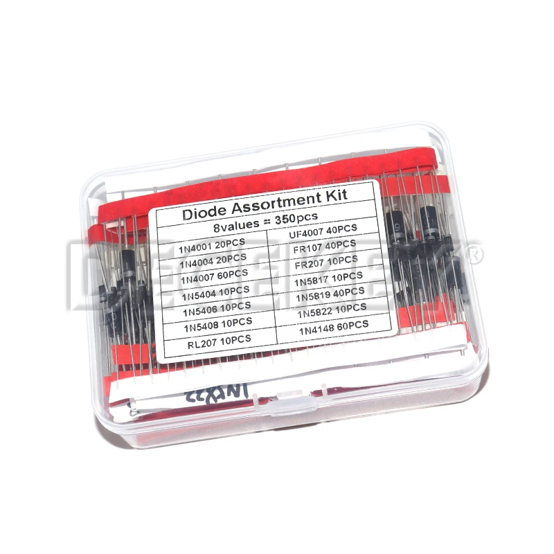 350 Stück/Box Dioden-Set Gleichrichter/Schnellrückstellende/Schottky/Schalt-Dioden-Set 14 Werte 1N4001 1N4007 1N4148 RL207 UF4007 FR107 207 Image