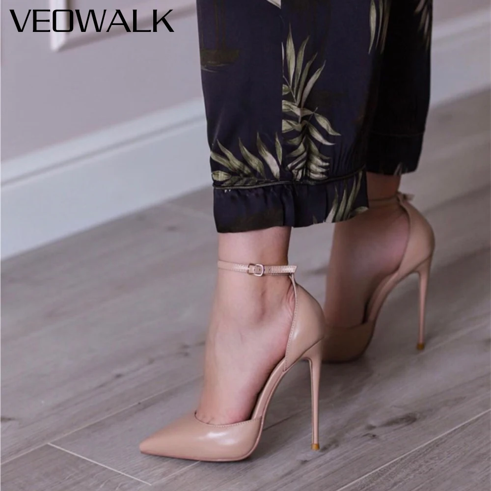 Veowalk Ankle Strap Frauen D'Orsay Spitz Stiletto Pumps Damen Solide Kleid Hohe Ferse Schuhe 12cm 10cm 8cm Schwarz Weiß