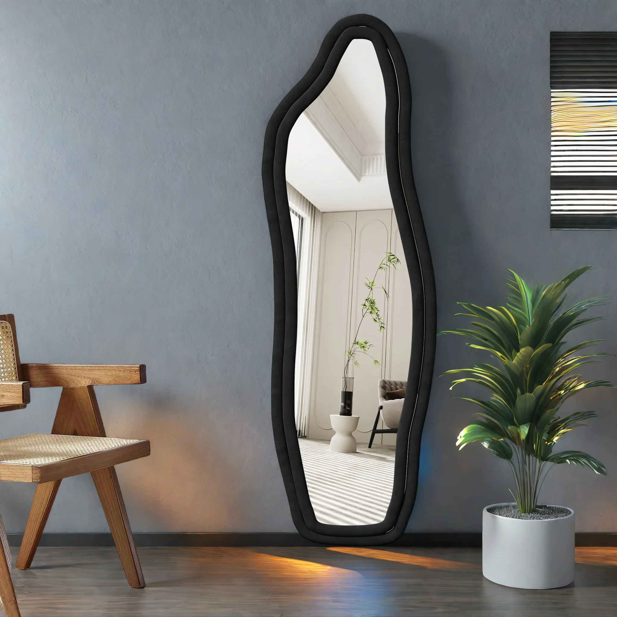 Wandspiegel in voller Länge, unregelmäßiger gewellter Bodenspiegel, minimalistisches Design, Spiegel mit Rahmen, (Schwarz, 140x45 cm)
