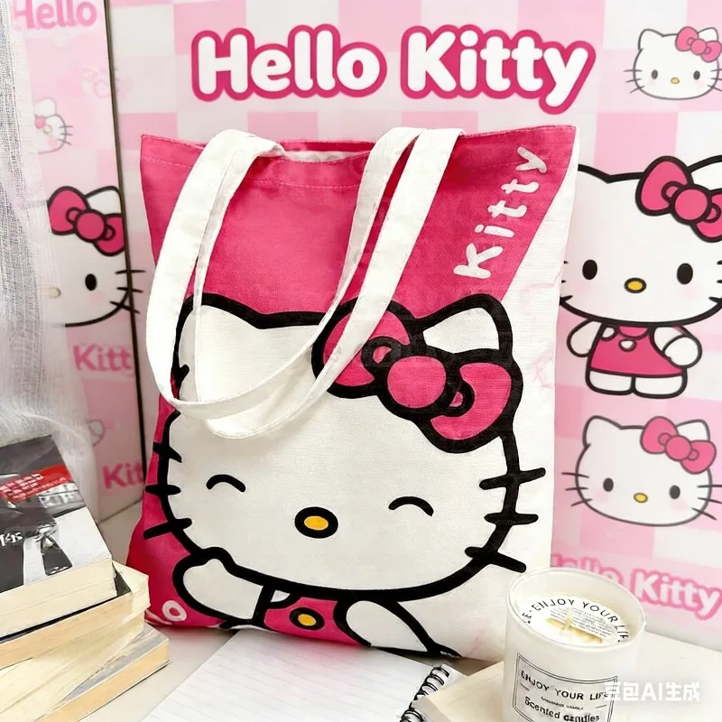 Große japanische Cartoon-Handtasche mit Hello Kitty-Motiv, Canvas-Tasche, lässige Pendeltasche, modische Umhängetasche für Mädchen