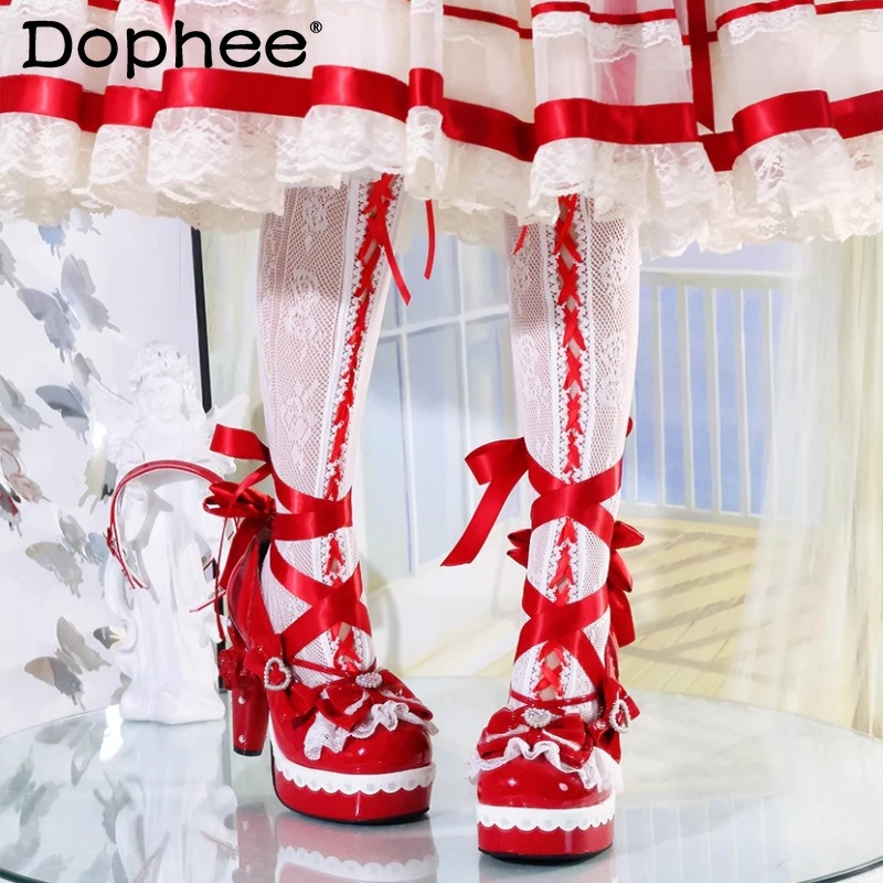 Original frauen Rote High Heels Y2K Cos Wasserdichte Dicke Sohle Schuhe Herbst Neue frauen Süße Elegante Bogen Lolita plattform Schuhe