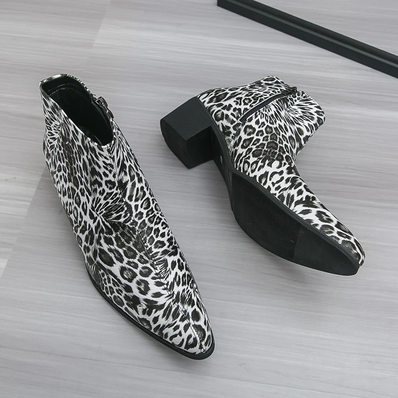 Chelsea-Stiefel mit Leopardenmuster, spitze Lederstiefel für Herren, klassische, stilvolle Herrenstiefel mit Reißverschluss, modische Herrenschuhe, neu in Runway Botas
