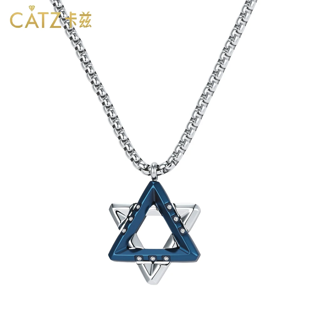 CATZ Edelstahl-Halskette mit jüdischem David-Stern-Anhänger, dreidimensionaler sechseckiger Stern mit eingelegtem Zirkon für Herren Image