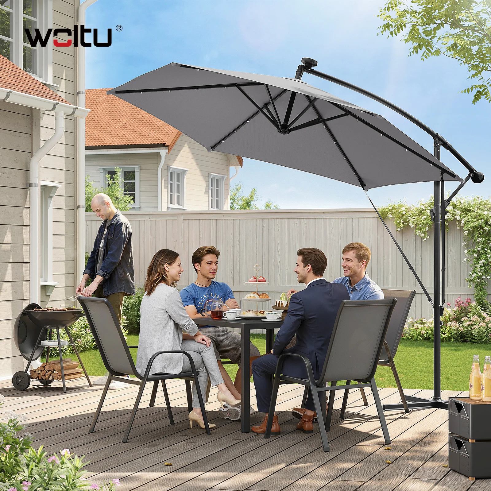 WOLTU Freiarm-Sonnenschirm mit Solar-LED, drehbarer sechseckiger Gartenschirm für den Außenbereich, UPF 50+, Sonnenschutz für Balkon und Terrasse Image