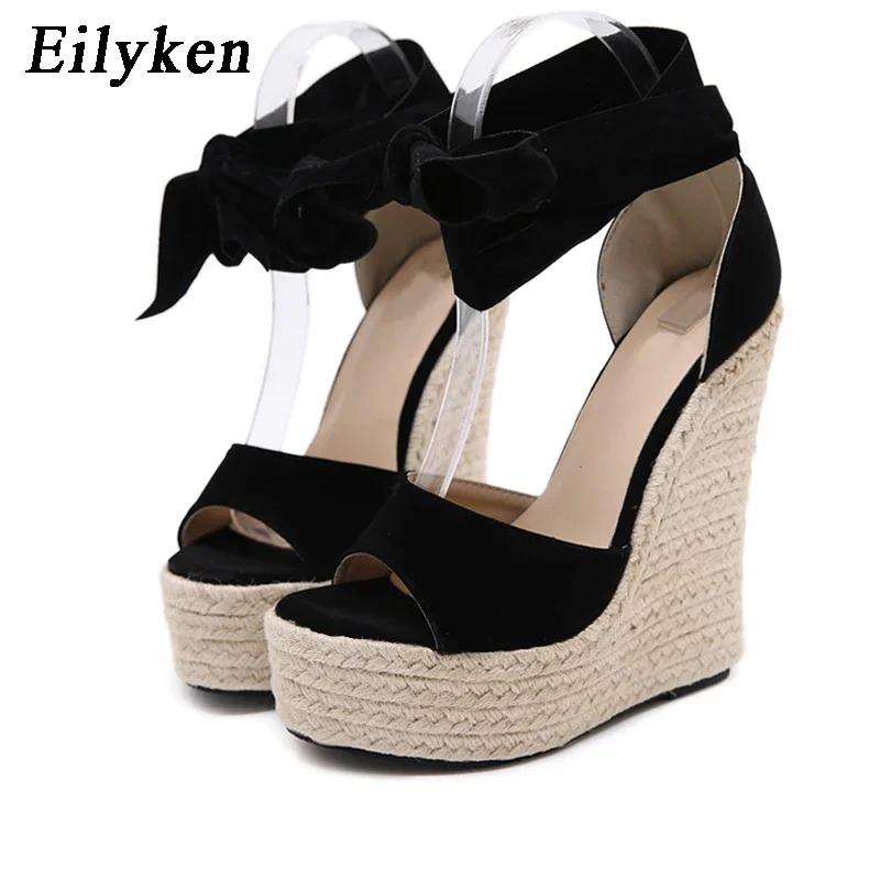 EilyKen Sommer Schmetterling-Knoten Offene spitze Frauen Sandalen Fashion Solid Plattform High Heel Keil Schuhe Knöchel Spitze-up pumpen Image