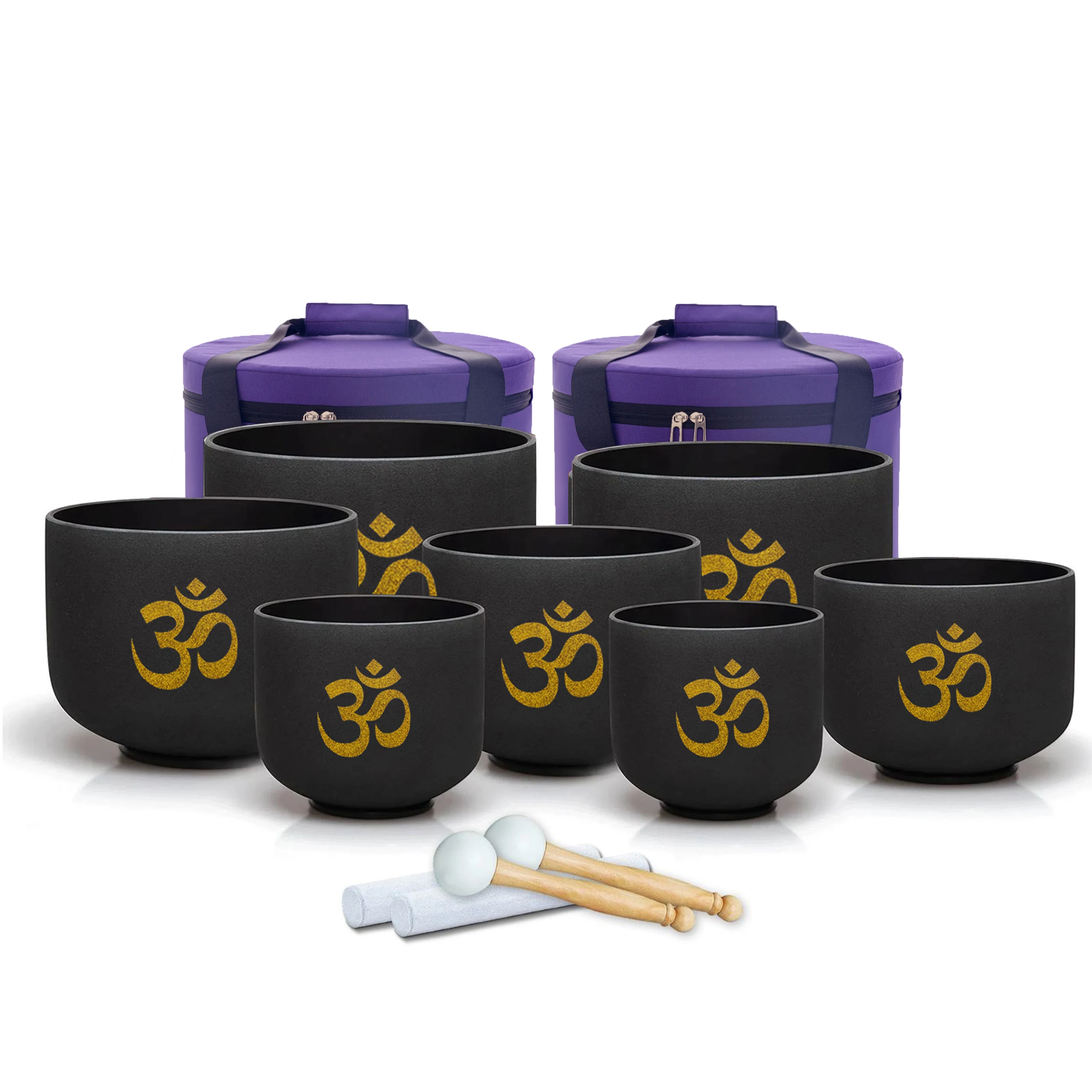 Hye-eun Om Design 7-12 Zoll Schwarze Mattierte Quarz-Kristall-Klangschalen-Set, 7-teilig, Klangheilinstrumente mit Tasche Image