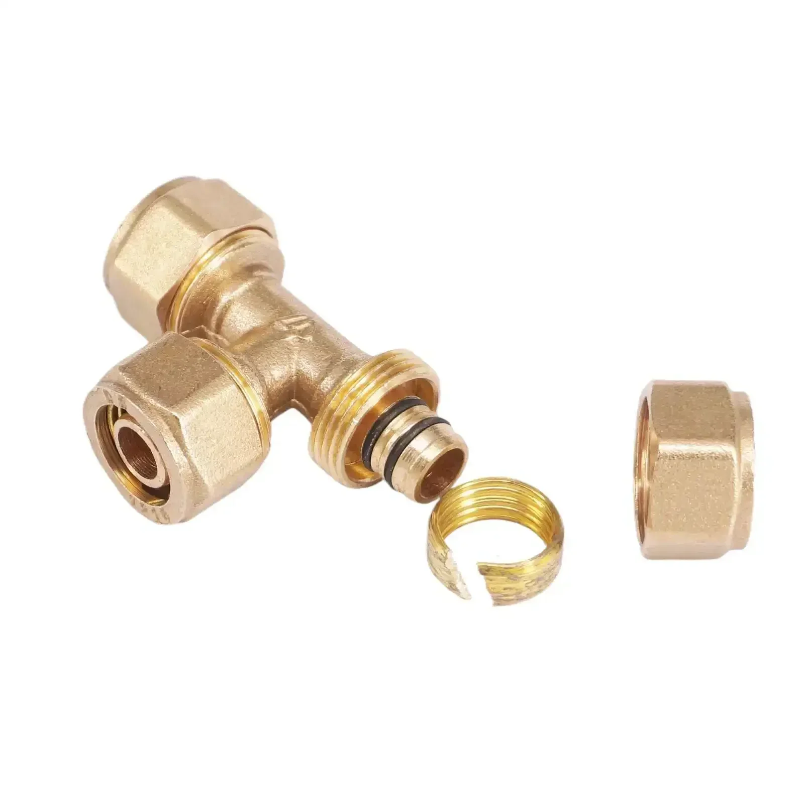Passend für PEX-AL-PEX-Rohr, Innendurchmesser x Außendurchmesser 12 x 16 mm, 14 x 18 mm, 16 x 20 mm, 20 x 25 mm, 26 x 32 mm, gleiches T-Stück, 3-Wege-Messingrohrverschraubung Image