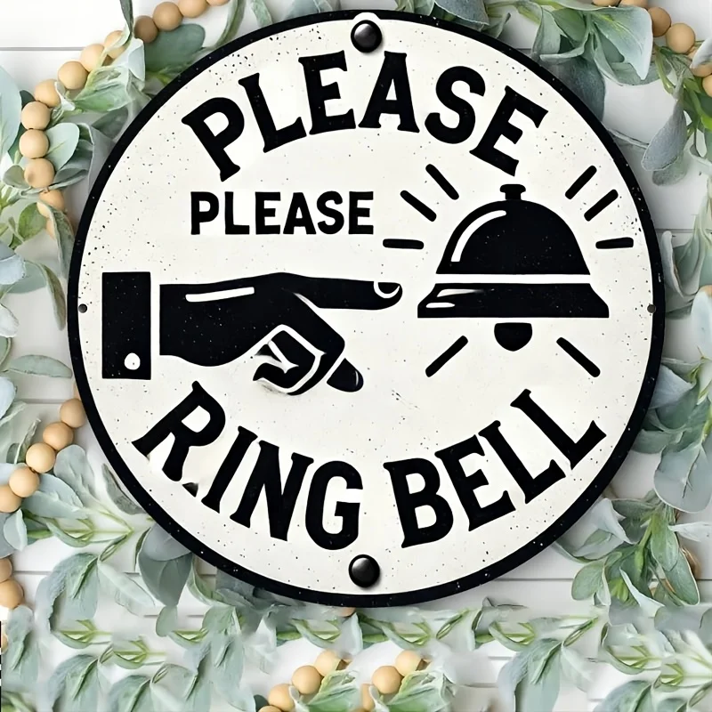 Vintage Bitte Klingeln Sie die Glocke Metallschild Aluminium 8x8 Zoll 2D Flache Runde Wanddekoration für Veranda Garten Büro Image
