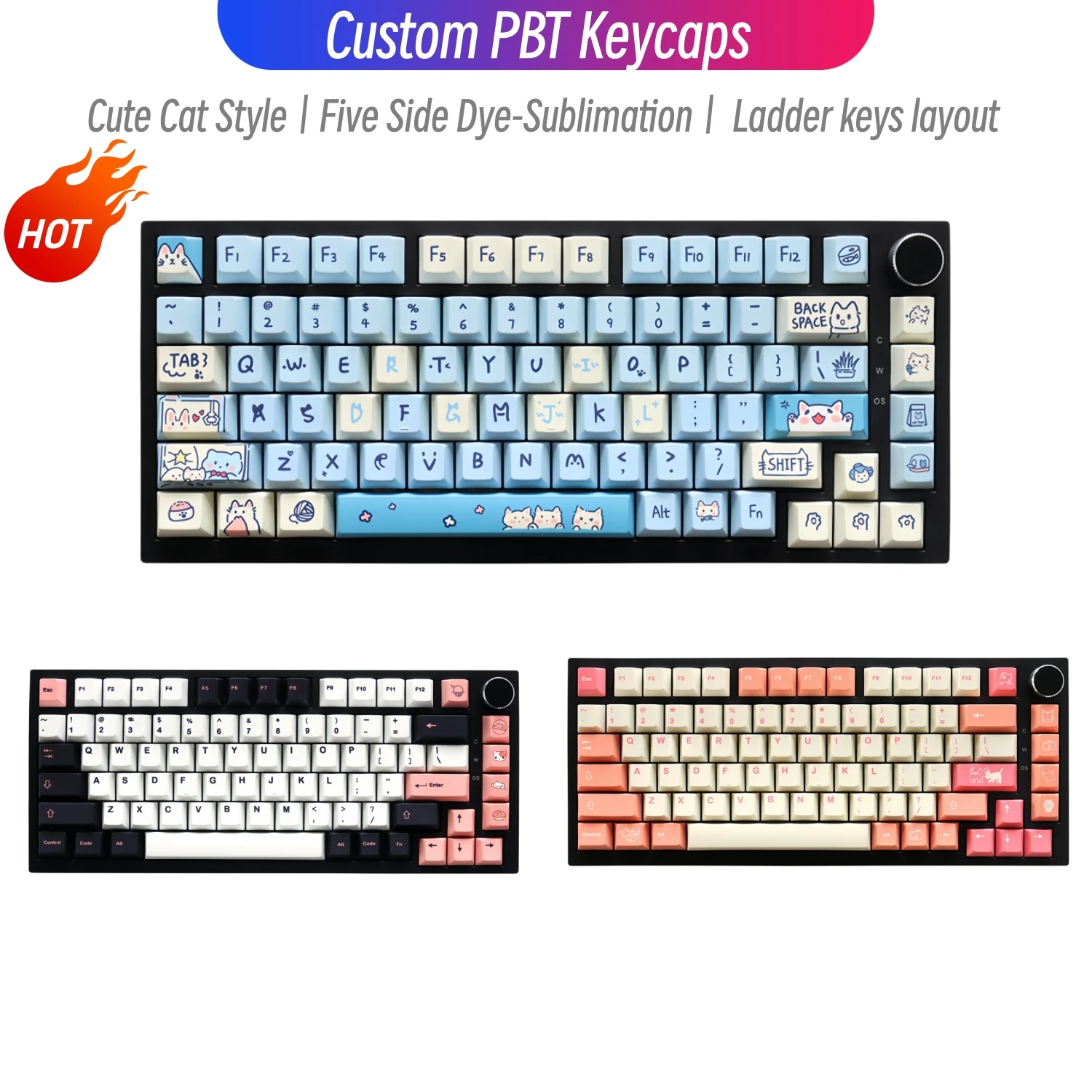 Niedliche Katzen-Design PBT-Material 129 Tasten Cherry-Profil Keycaps für 61/87/104/108 Mx-Schalter Mechanische Tastatur Benutzerdefinierte Tastenkappen Image