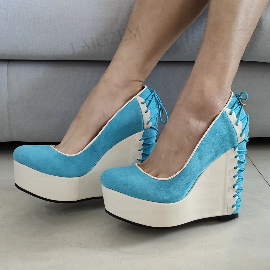 LAIGZEM Frauen Heels Plattform Keil Pumpen Patchwork Sandalen Party Cosplay Damen Schuhe Frau Zapatos Mujer Große Größe 42 45 47 52