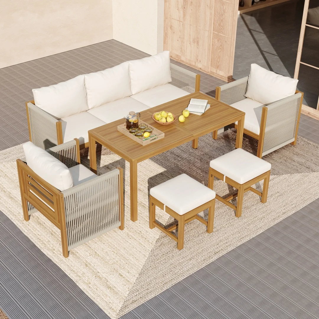 Ensemble de table et chaises de jardin, ensemble de chaises longues de jardin, canapé d'extérieur. Ensemble de meubles de jardin, canapé, chaise, table à manger, table en acacia